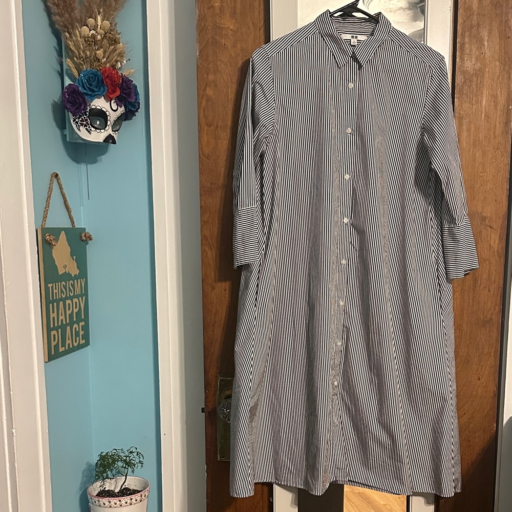 Striped Uniqlo Button-Up Shirt Dress in Navy and White